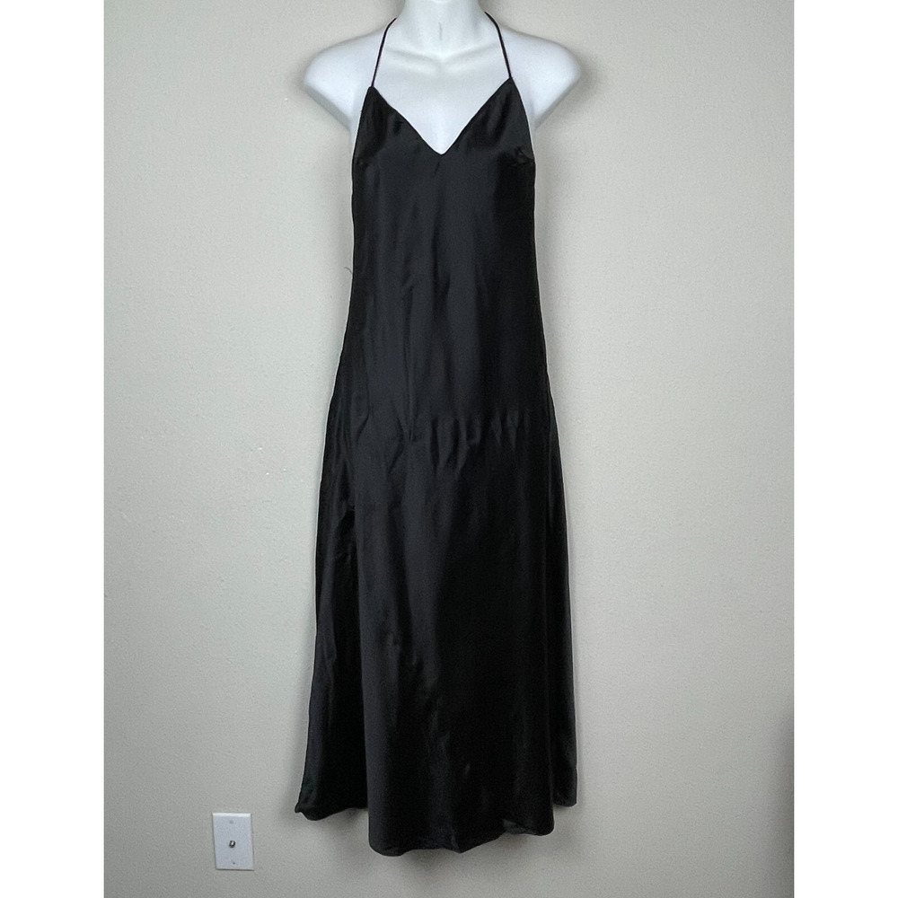 Victoria's Secret Black Satin Slip Dress Size Small Behind the Neck Tie‎ Y2K